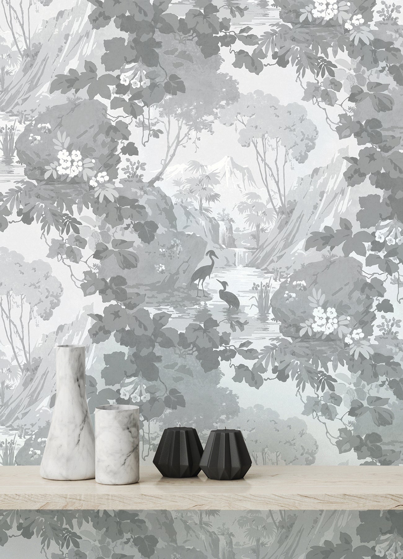 Brewster Eden Grey Crane Lagoon Wallpaper, 20.5-in by 33-ft