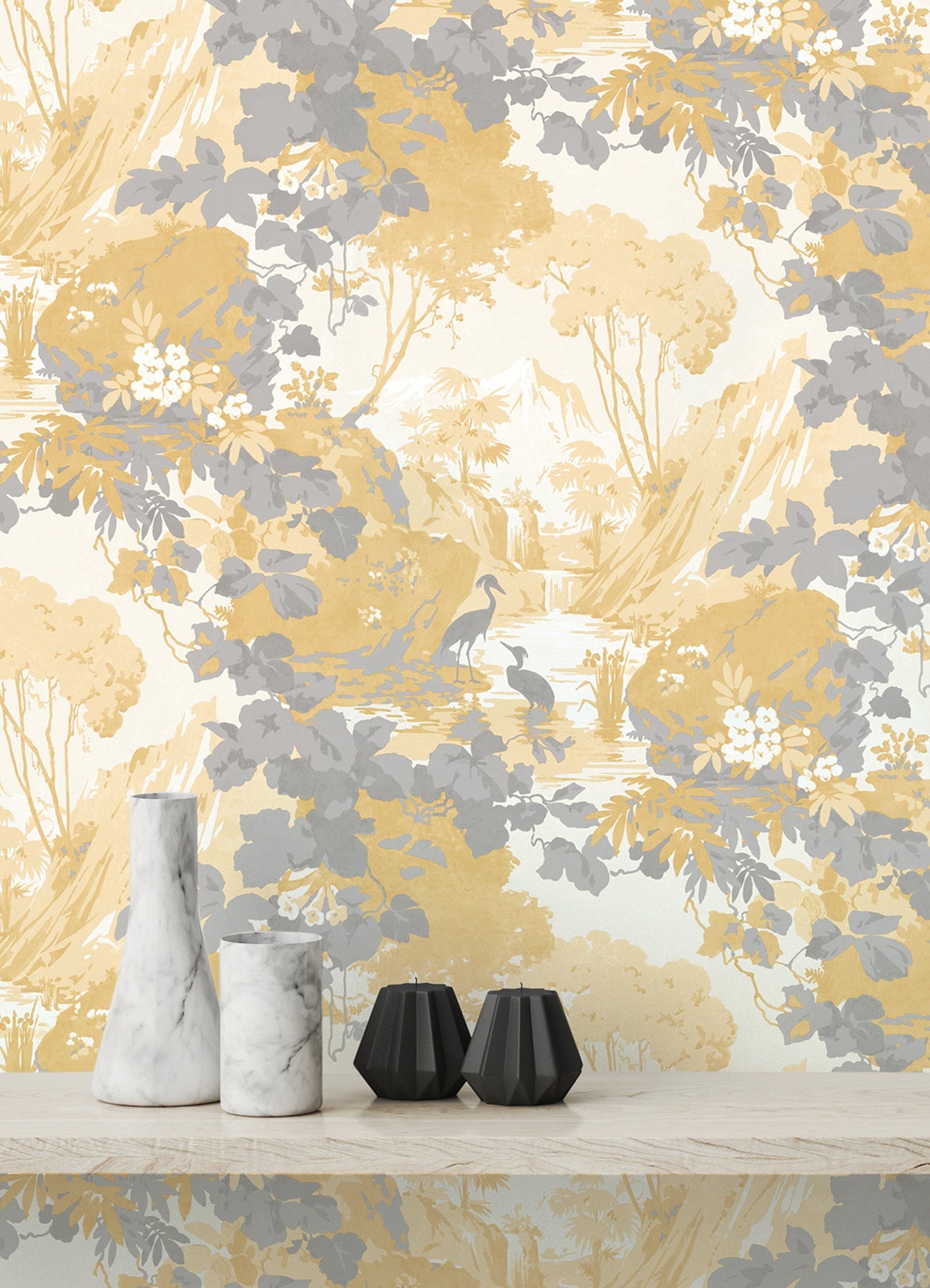 Brewster Eden Mustard Crane Lagoon Wallpaper, 20.5-in by 33-ft