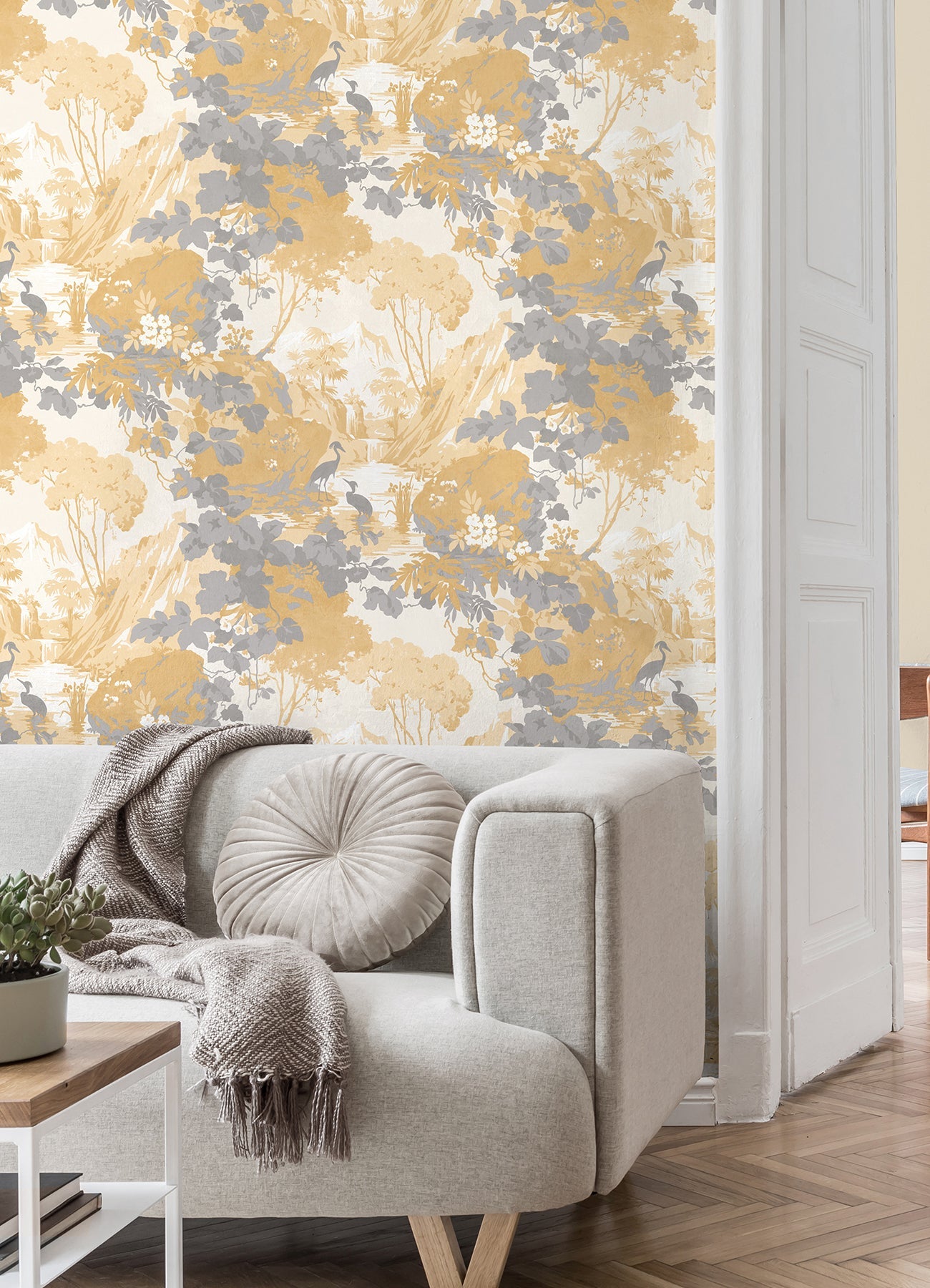 Brewster Eden Mustard Crane Lagoon Wallpaper, 20.5-in by 33-ft