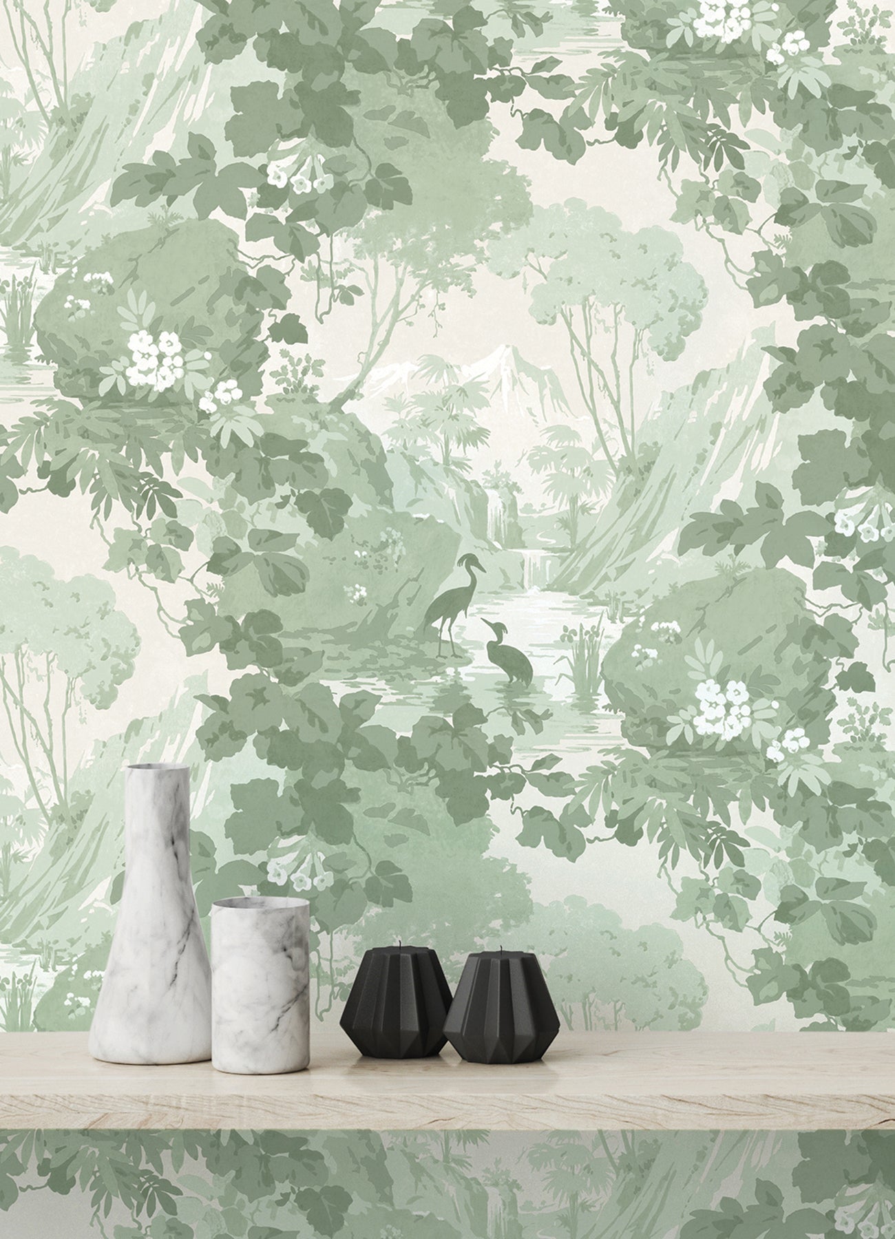 Brewster Eden Sage Crane Lagoon Wallpaper, 20.5-in by 33-ft