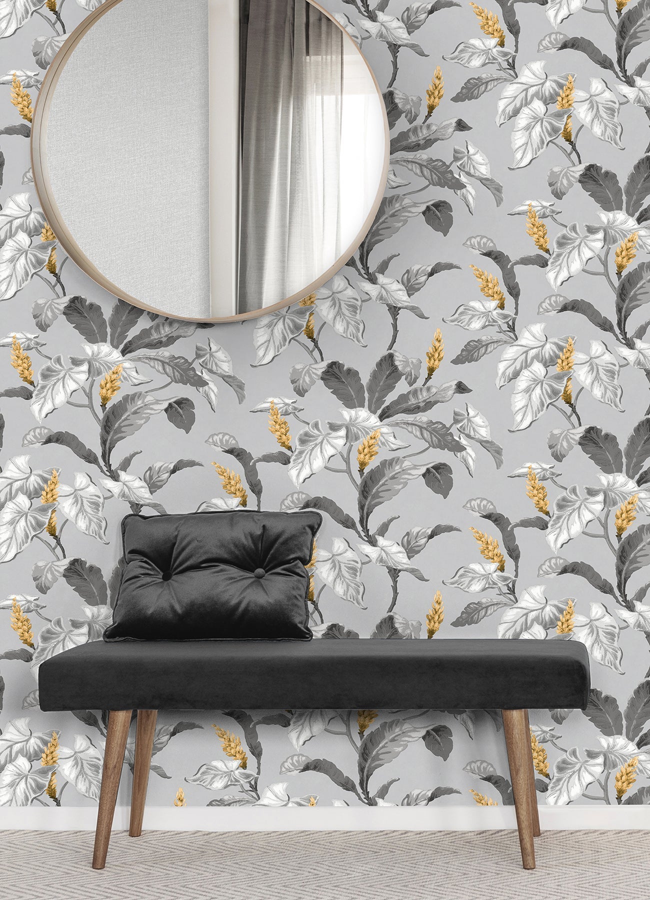 Brewster Meridian Parade Grey Tropical Leaves Wallpaper, 20.5-in by 33-ft