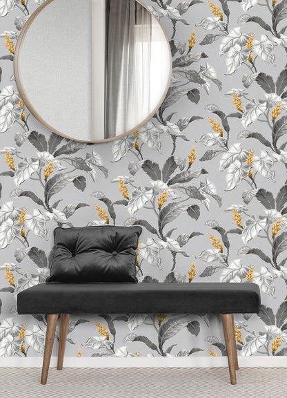 Brewster Meridian Parade Grey Tropical Leaves Wallpaper, 20.5-in by 33-ft