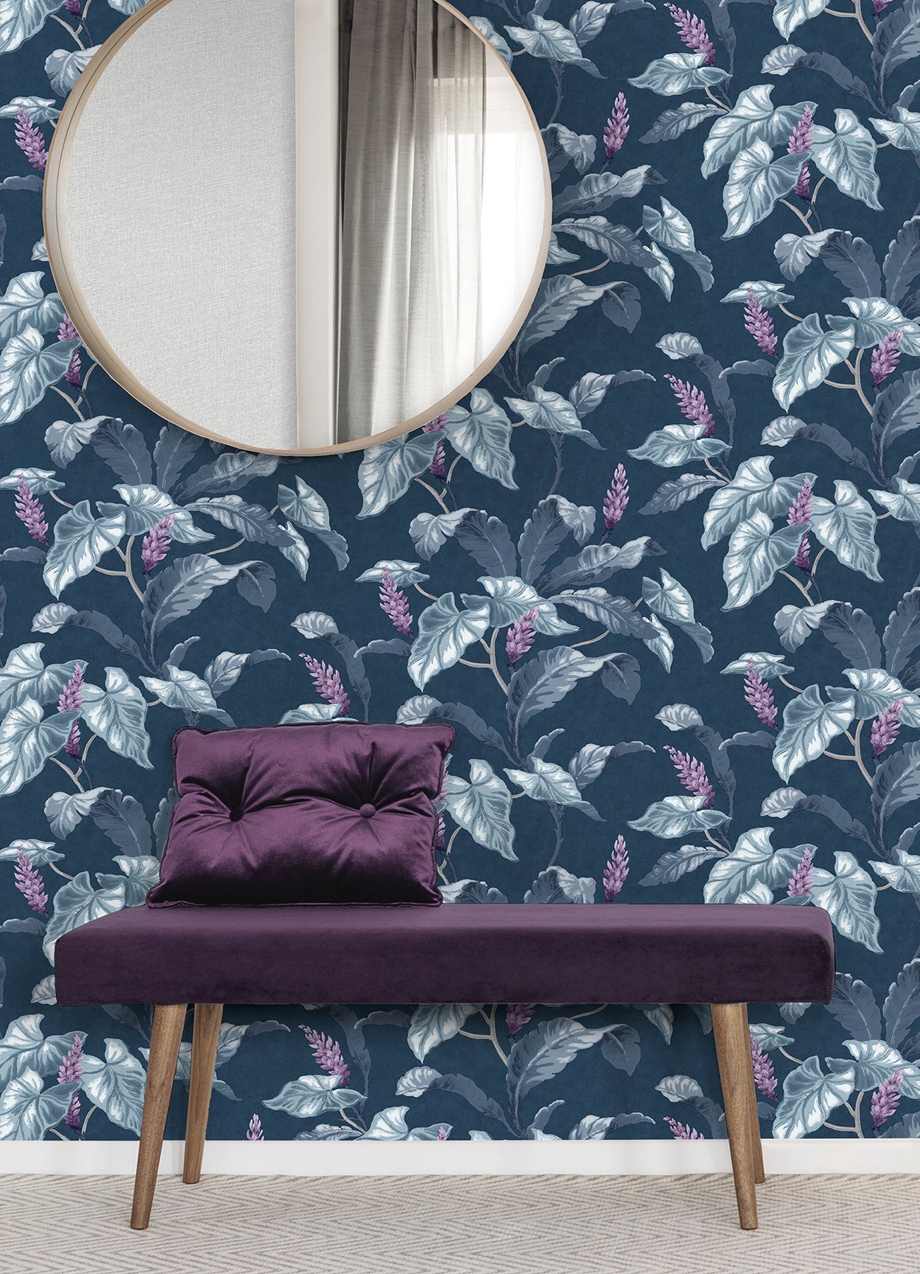 Brewster Meridian Parade Blue Tropical Leaves Wallpaper, 20.5-in by 33-ft