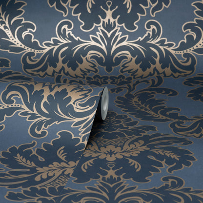 Brewster Windsor Blue Damask Wallpaper, 20.5-in by 33-ft