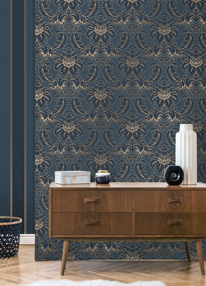 Brewster Windsor Blue Damask Wallpaper, 20.5-in by 33-ft