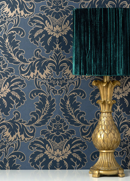 Brewster Windsor Blue Damask Wallpaper, 20.5-in by 33-ft