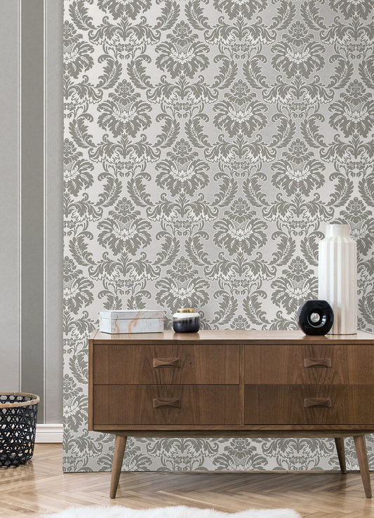 Brewster Windsor Grey Damask Wallpaper, 20.5-in by 33-ft