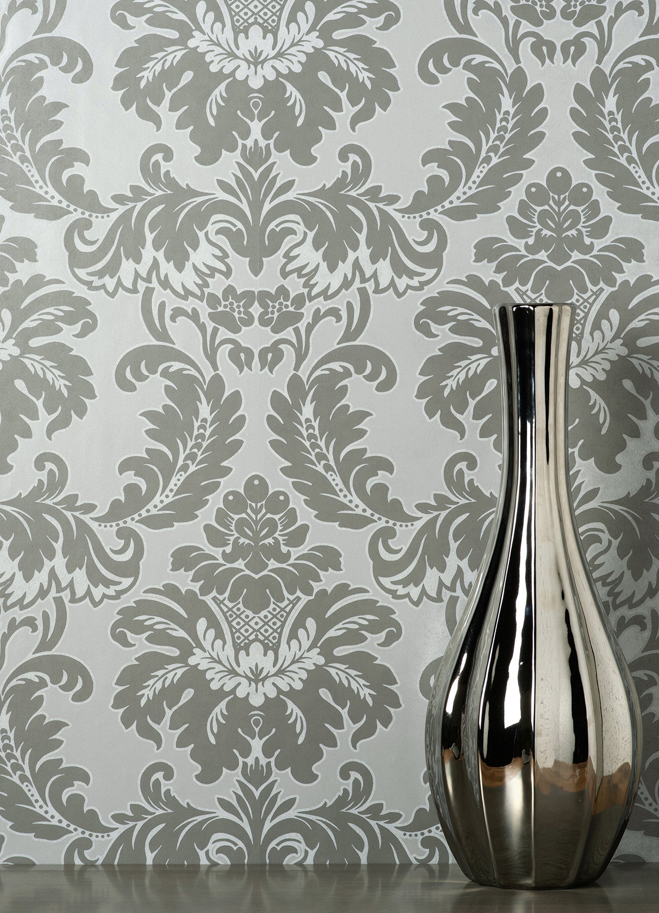 Brewster Windsor Grey Damask Wallpaper, 20.5-in by 33-ft