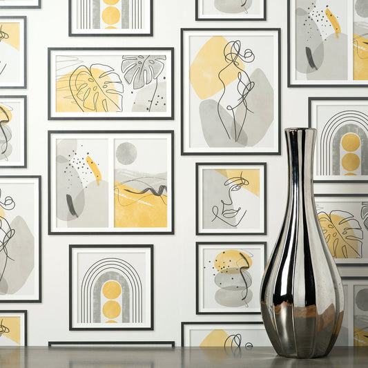 Fine Decor Krasner Mustard Gallery Wallpaper, 20.5-in by 33-ft