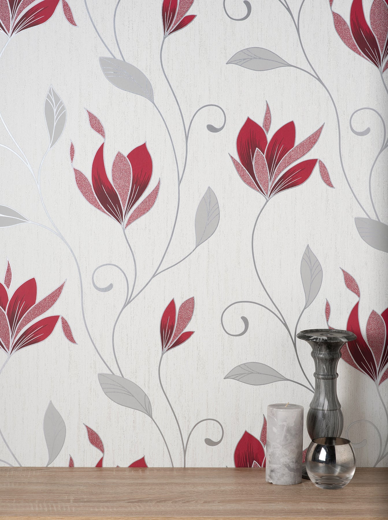 Fine Decor Synergy Ruby Floral Wallpaper, 20.5-in by 33-ft