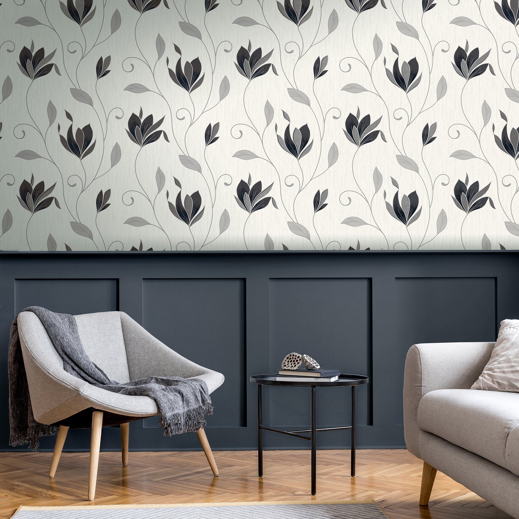 Fine Decor Synergy Black Floral Wallpaper, 20.5-in by 33-ft