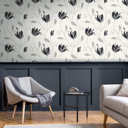 Fine Decor Synergy Black Floral Wallpaper, 20.5-in by 33-ft