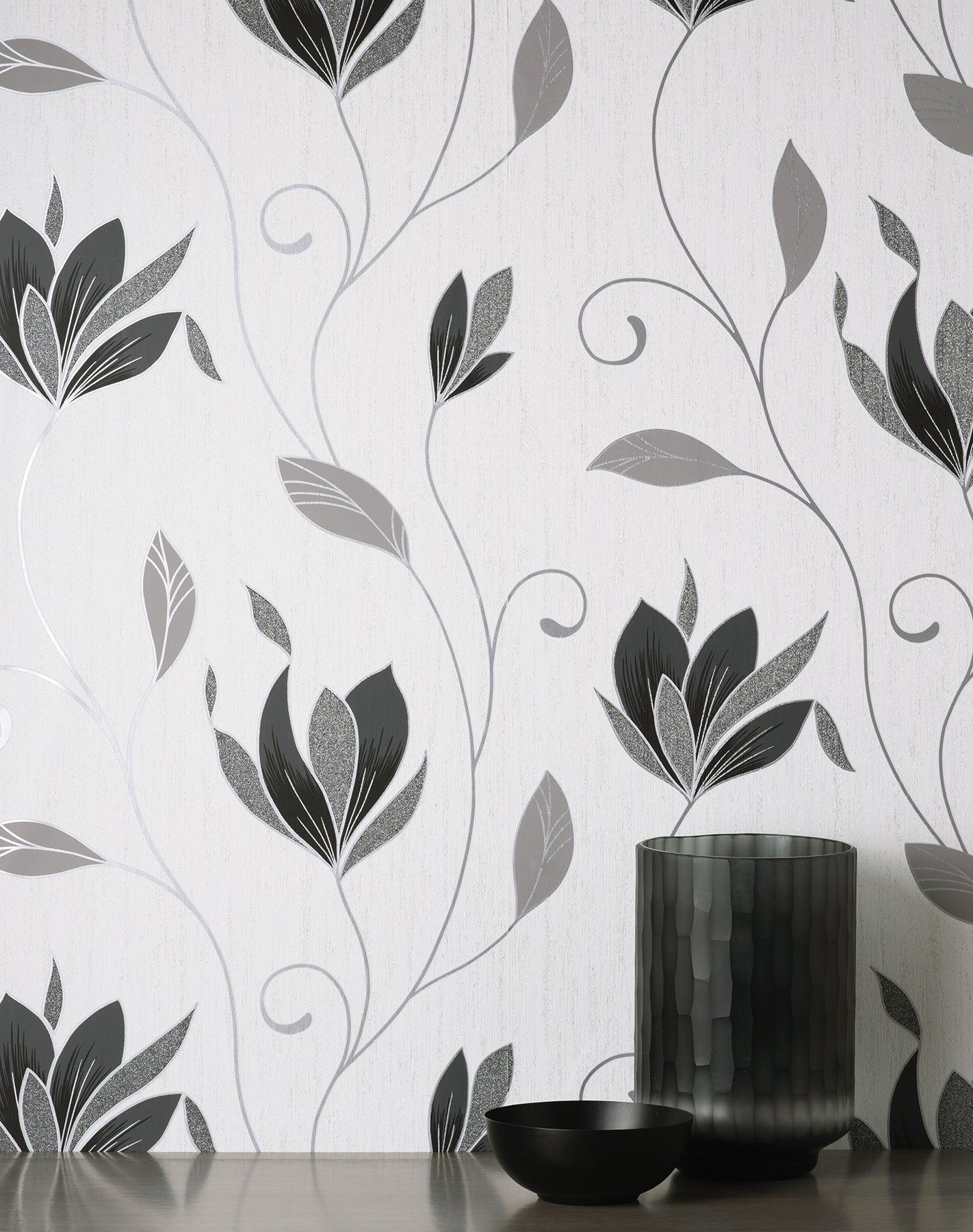 Fine Decor Synergy Black Floral Wallpaper, 20.5-in by 33-ft