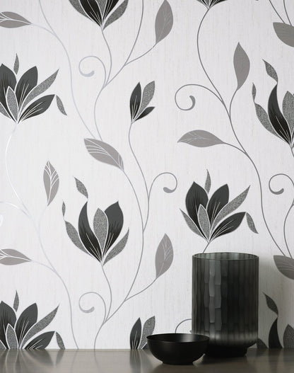 Fine Decor Synergy Black Floral Wallpaper, 20.5-in by 33-ft