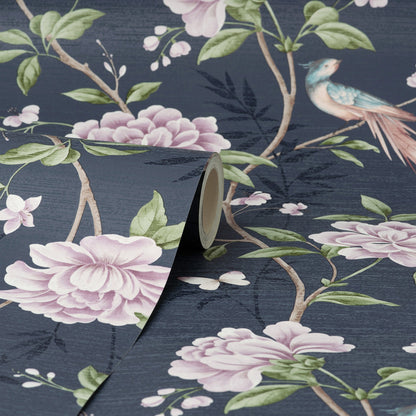 Fine Decor Akina Navy Floral Wallpaper, 20.5-in by 33-ft