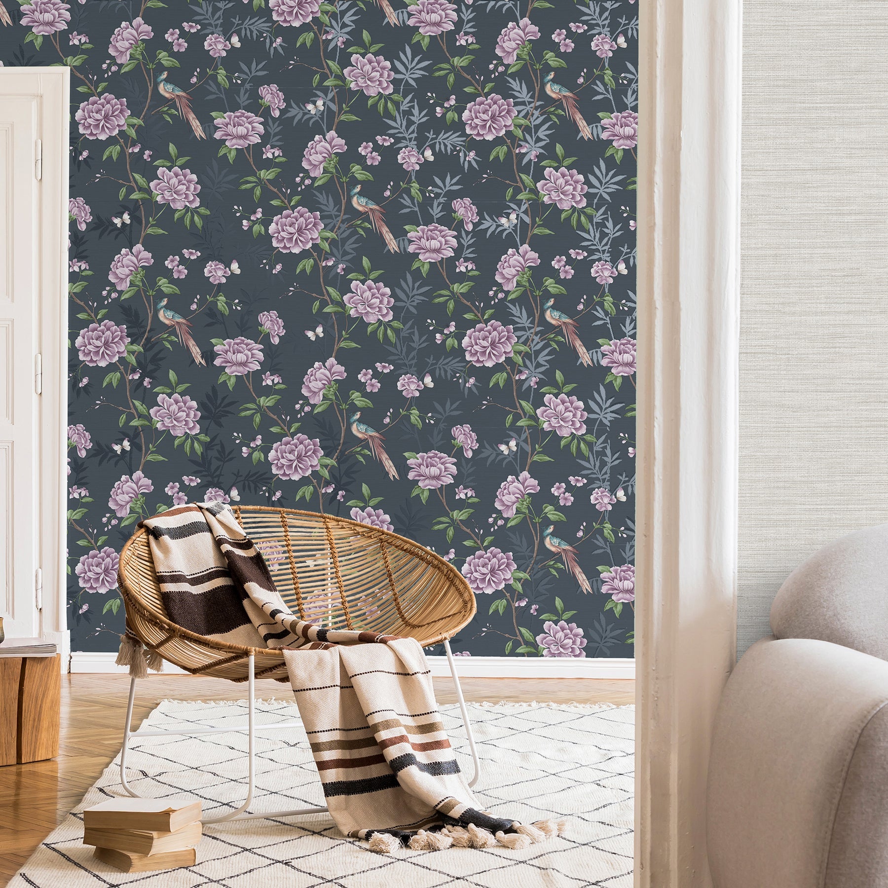 Fine Decor Akina Navy Floral Wallpaper, 20.5-in by 33-ft