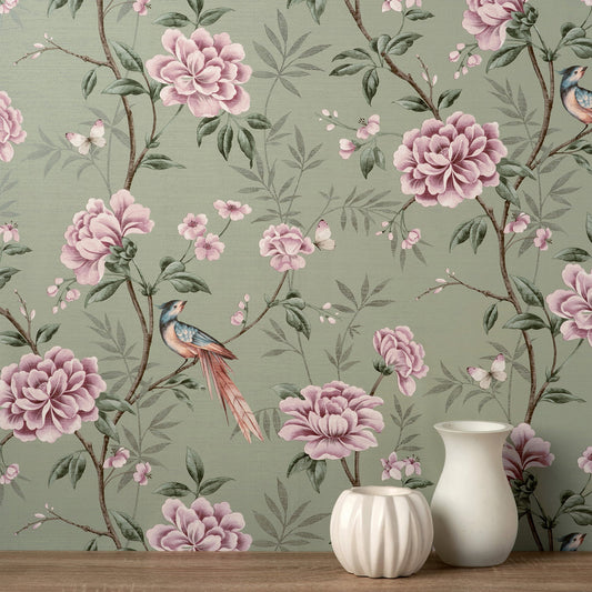 Fine Decor Akina Sage Floral Wallpaper, 20.5-in by 33-ft