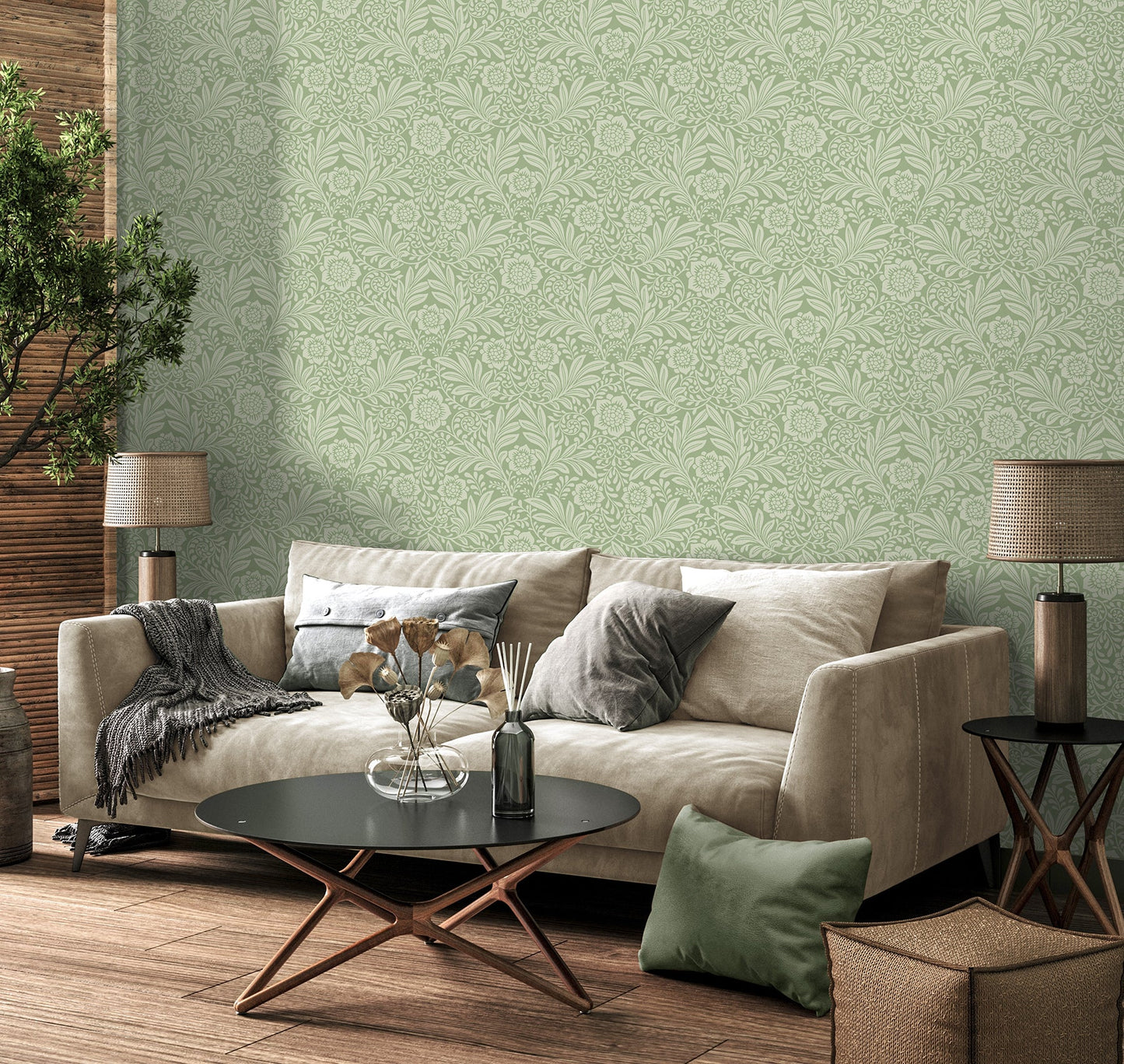 Fine Decor Camille Sage Damask Wallpaper, 20.5-in by 33-ft