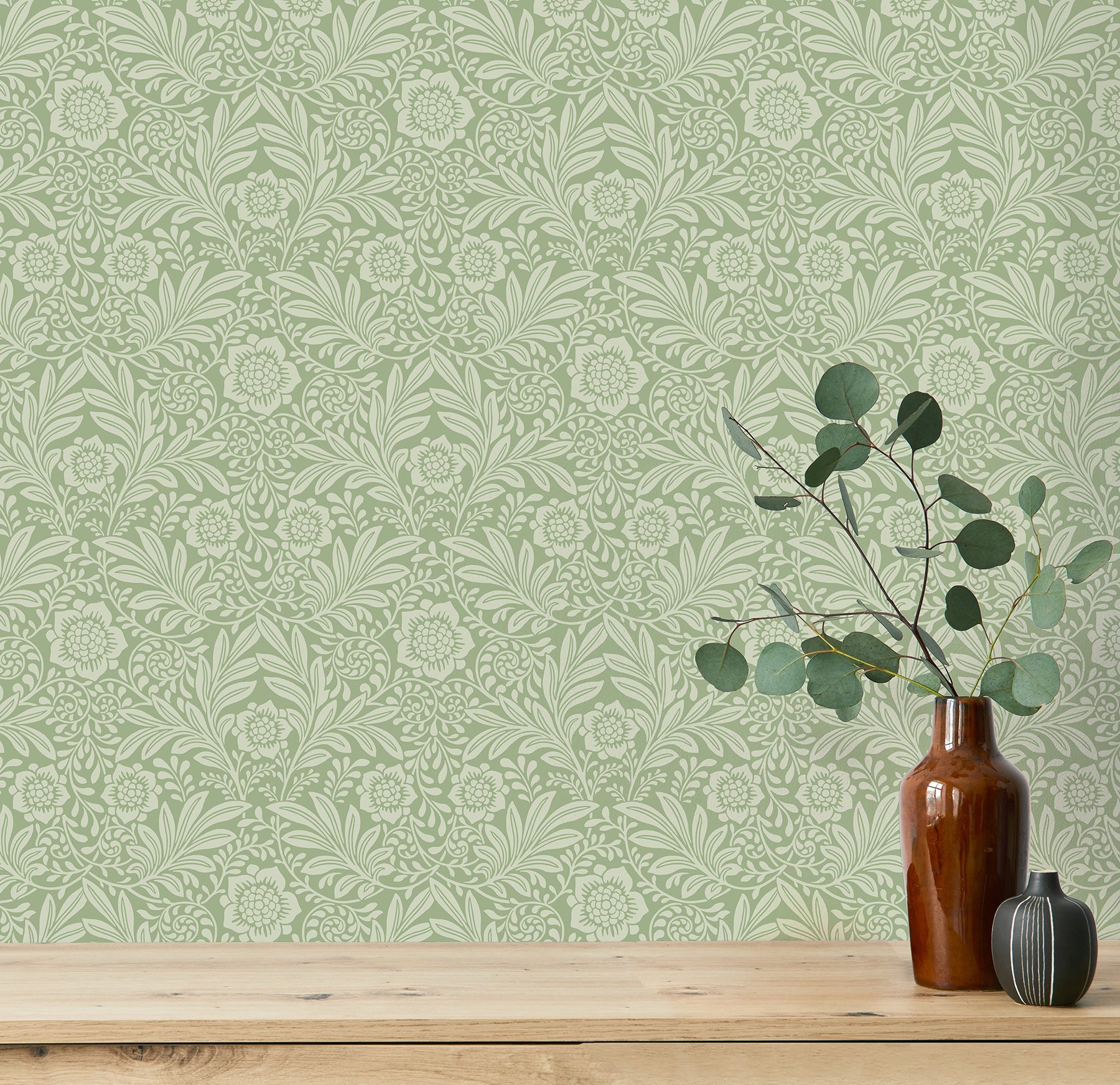 Fine Decor Camille Sage Damask Wallpaper, 20.5-in by 33-ft