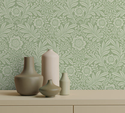 Fine Decor Camille Sage Damask Wallpaper, 20.5-in by 33-ft