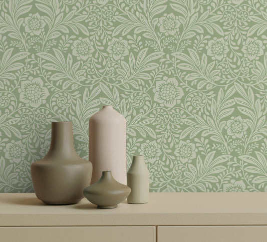 Fine Decor Camille Sage Damask Wallpaper, 20.5-in by 33-ft