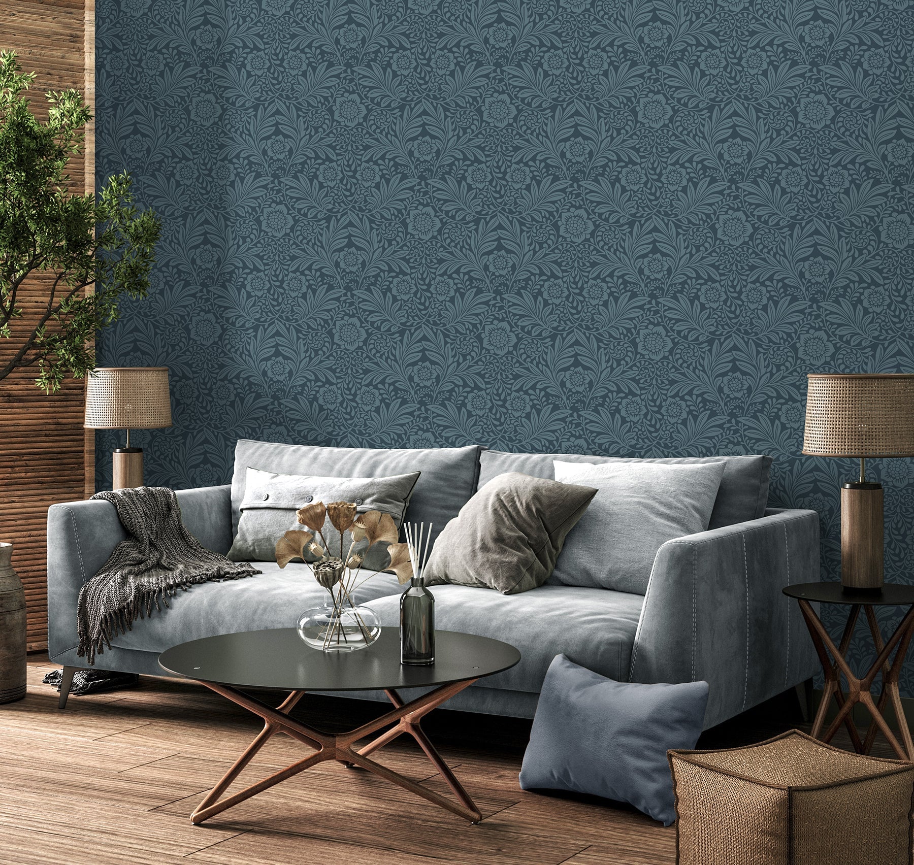 Fine Decor Camille Navy Damask Wallpaper, 20.5-in by 33-ft