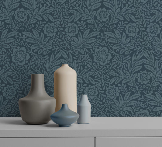 Fine Decor Camille Navy Damask Wallpaper, 20.5-in by 33-ft