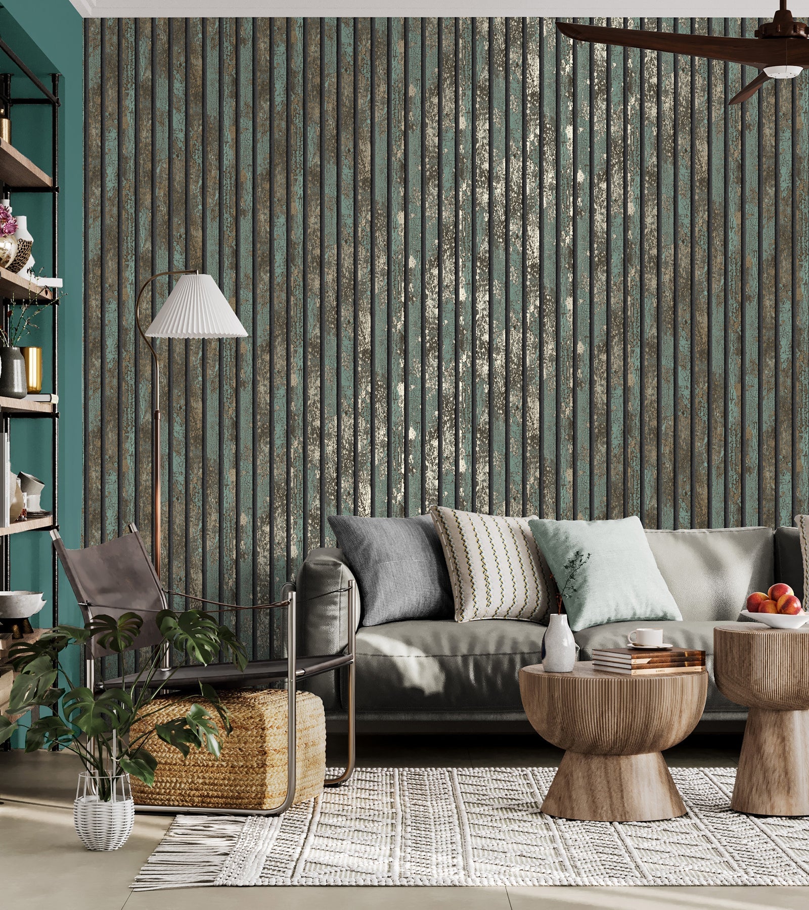 Fine Decor Oxidize Teal Vertical Slats Wallpaper, 20.5-in by 33-ft