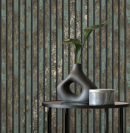 Fine Decor Oxidize Teal Vertical Slats Wallpaper, 20.5-in by 33-ft