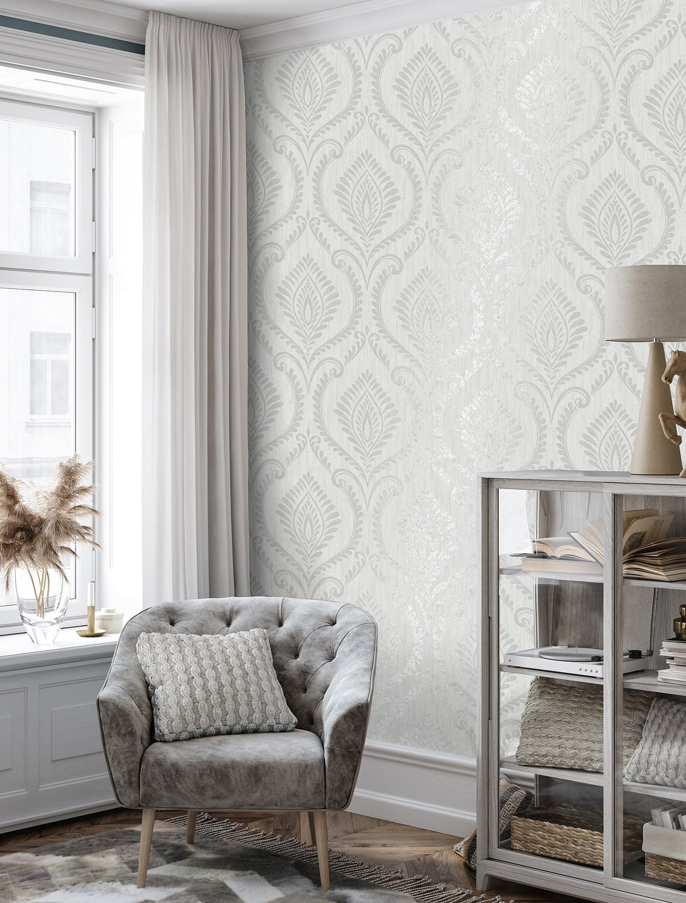 Fine Decor Estelle Grey Damask Wallpaper, 20.5-in by 33-ft