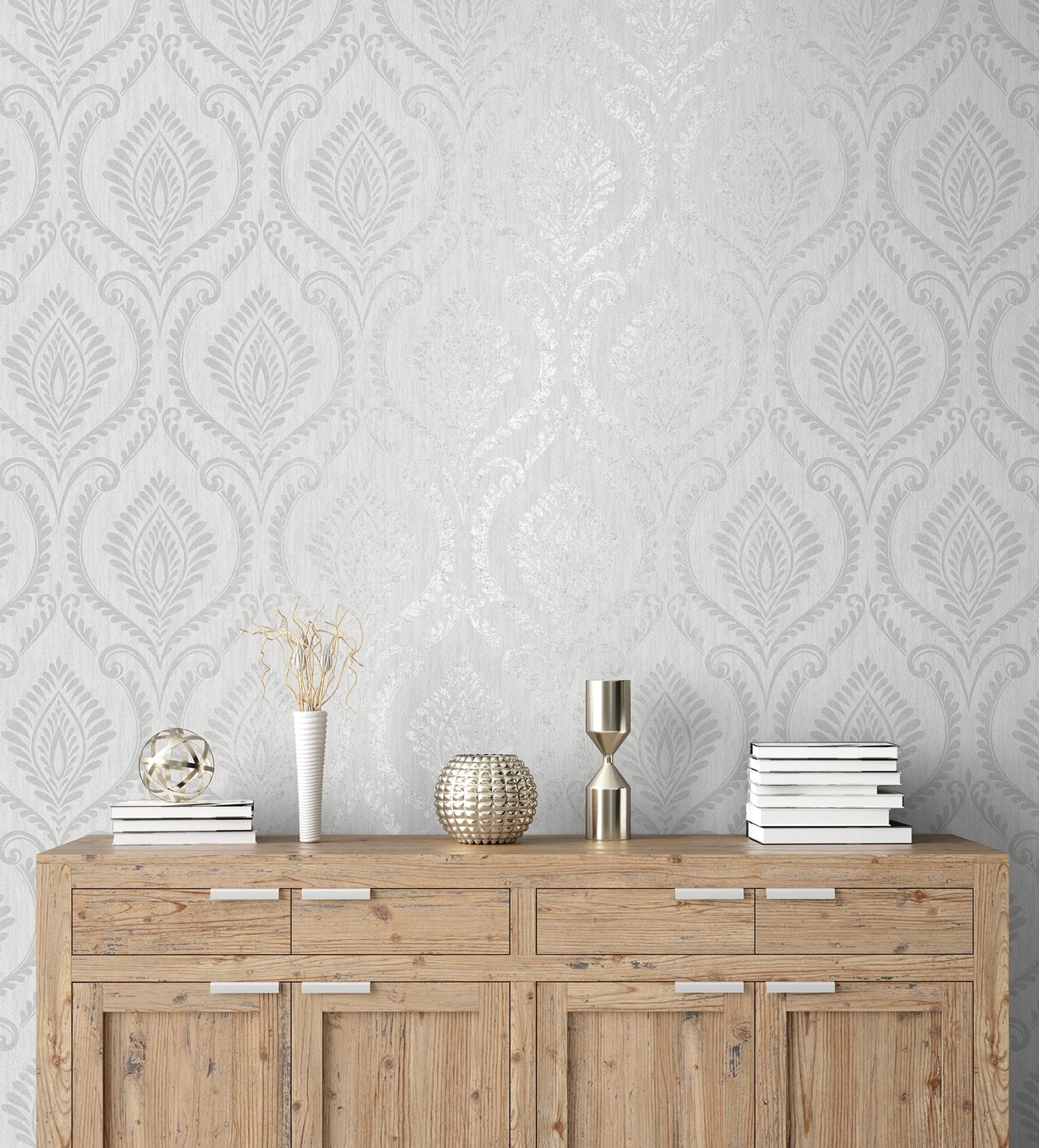 Fine Decor Estelle Grey Damask Wallpaper, 20.5-in by 33-ft