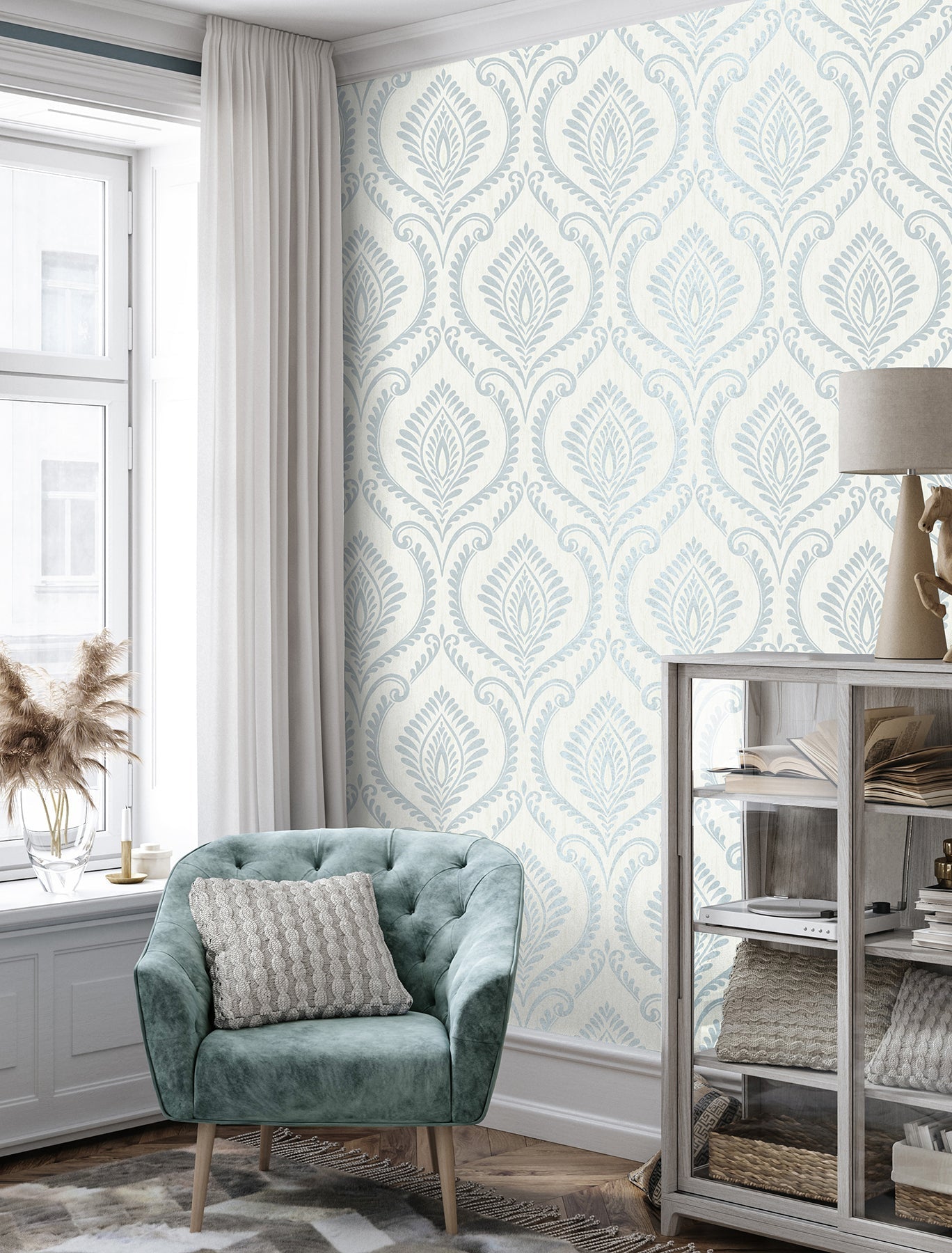 Fine Decor Estelle Light Blue Damask Wallpaper, 20.5-in by 33-ft