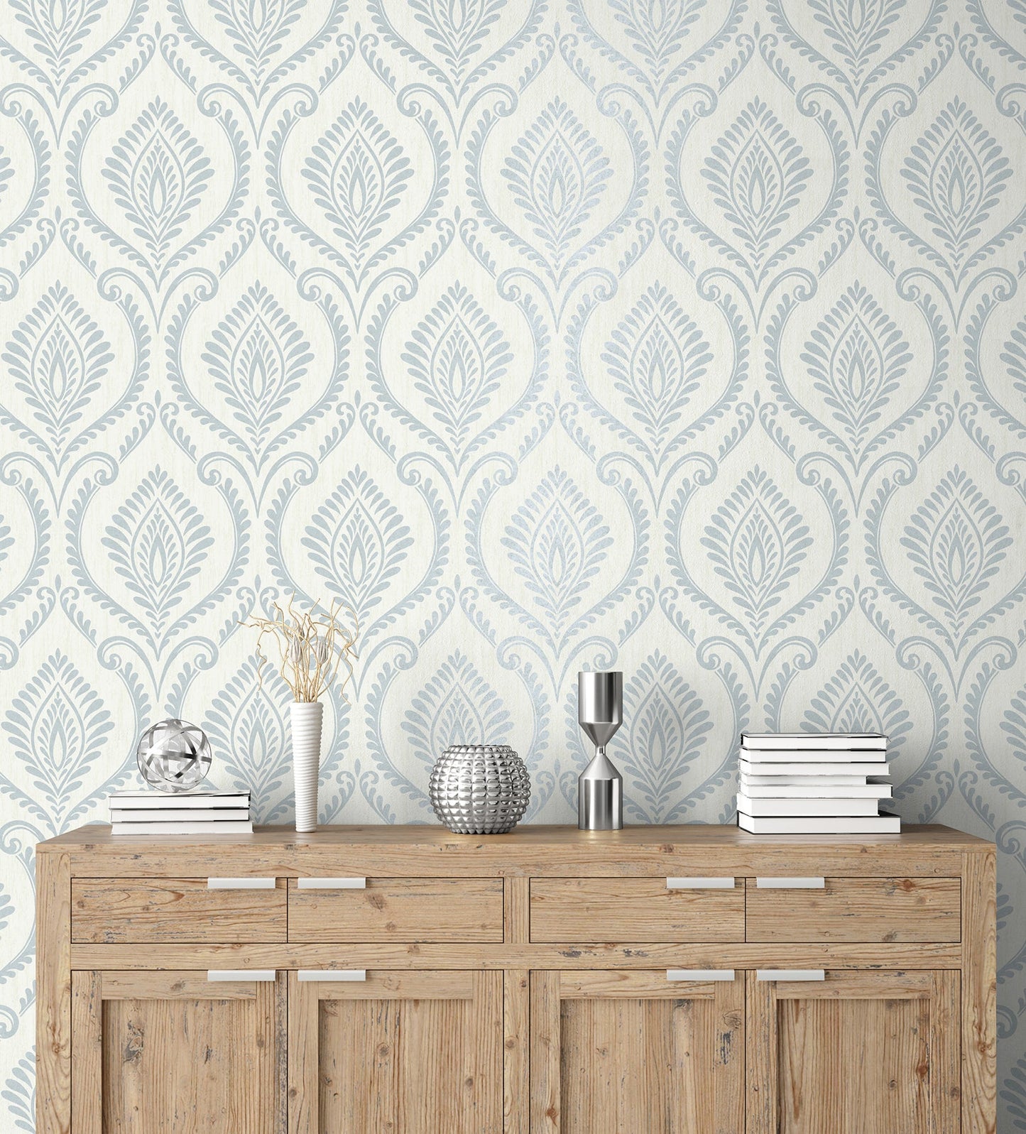 Fine Decor Estelle Light Blue Damask Wallpaper, 20.5-in by 33-ft