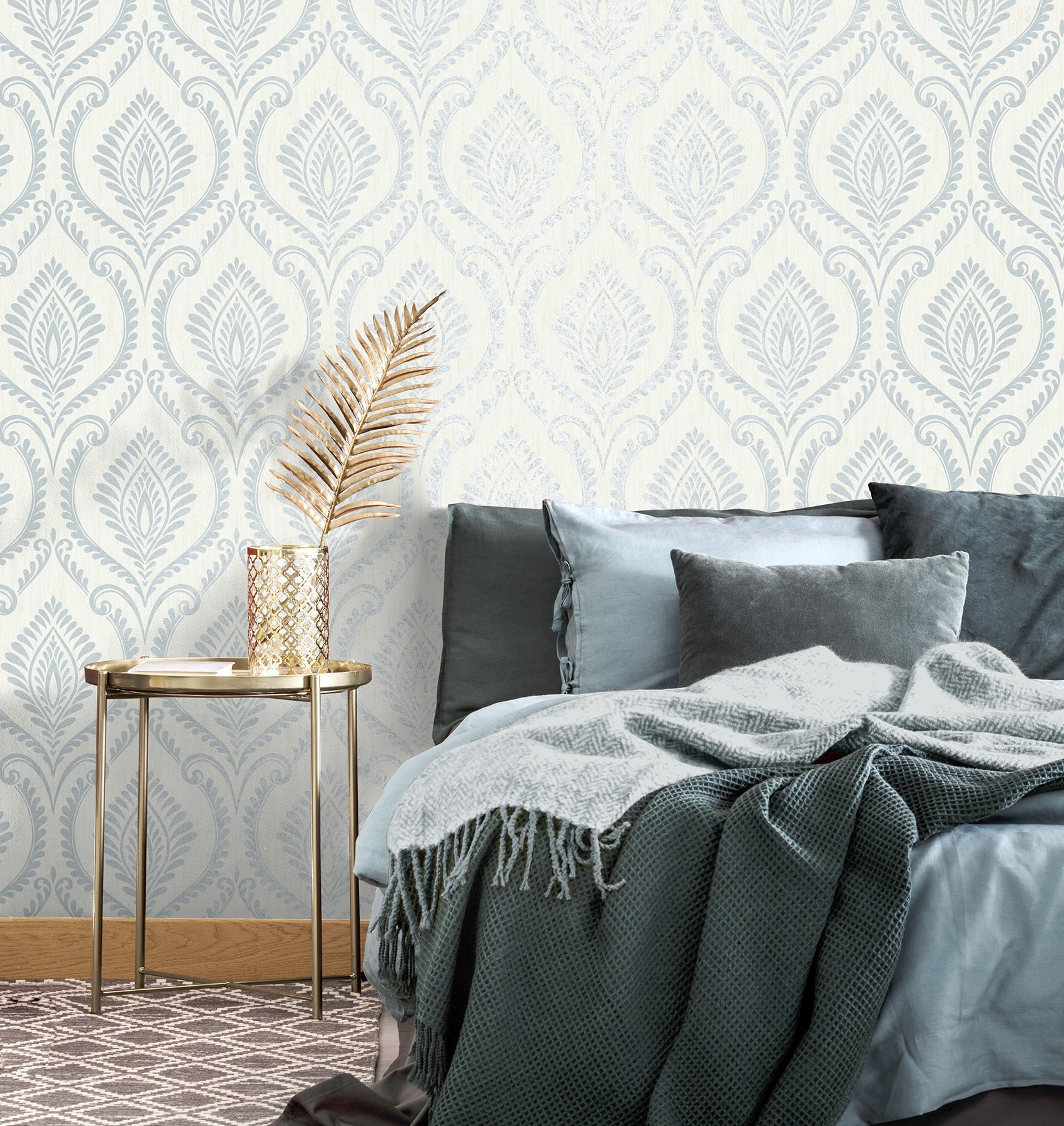 Fine Decor Estelle Light Blue Damask Wallpaper, 20.5-in by 33-ft