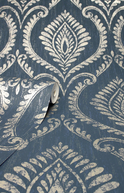 Fine Decor Estelle Navy Damask Wallpaper, 20.5-in by 33-ft