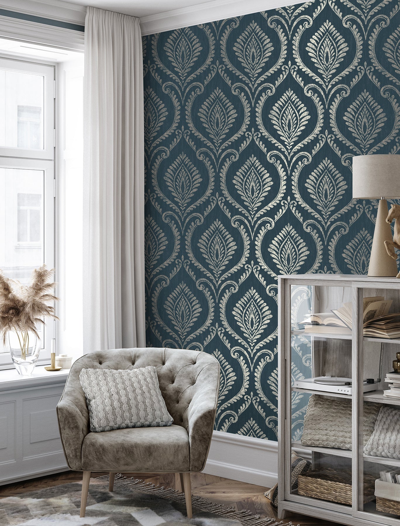 Fine Decor Estelle Navy Damask Wallpaper, 20.5-in by 33-ft