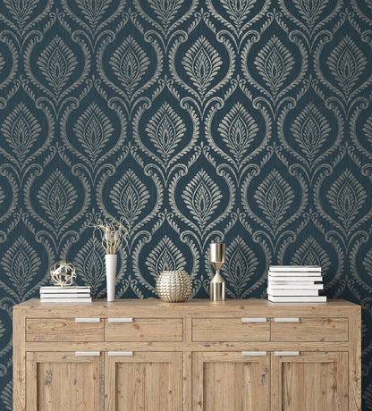 Fine Decor Estelle Navy Damask Wallpaper, 20.5-in by 33-ft