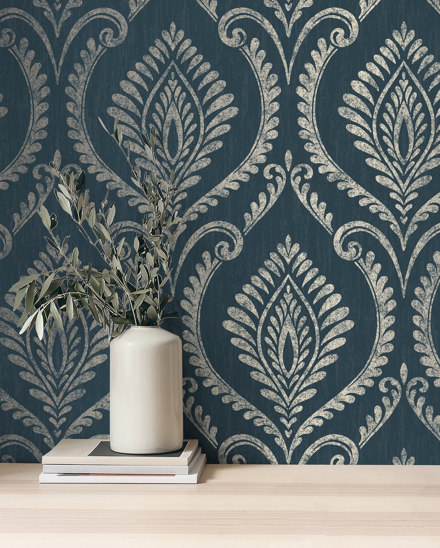 Fine Decor Estelle Navy Damask Wallpaper, 20.5-in by 33-ft