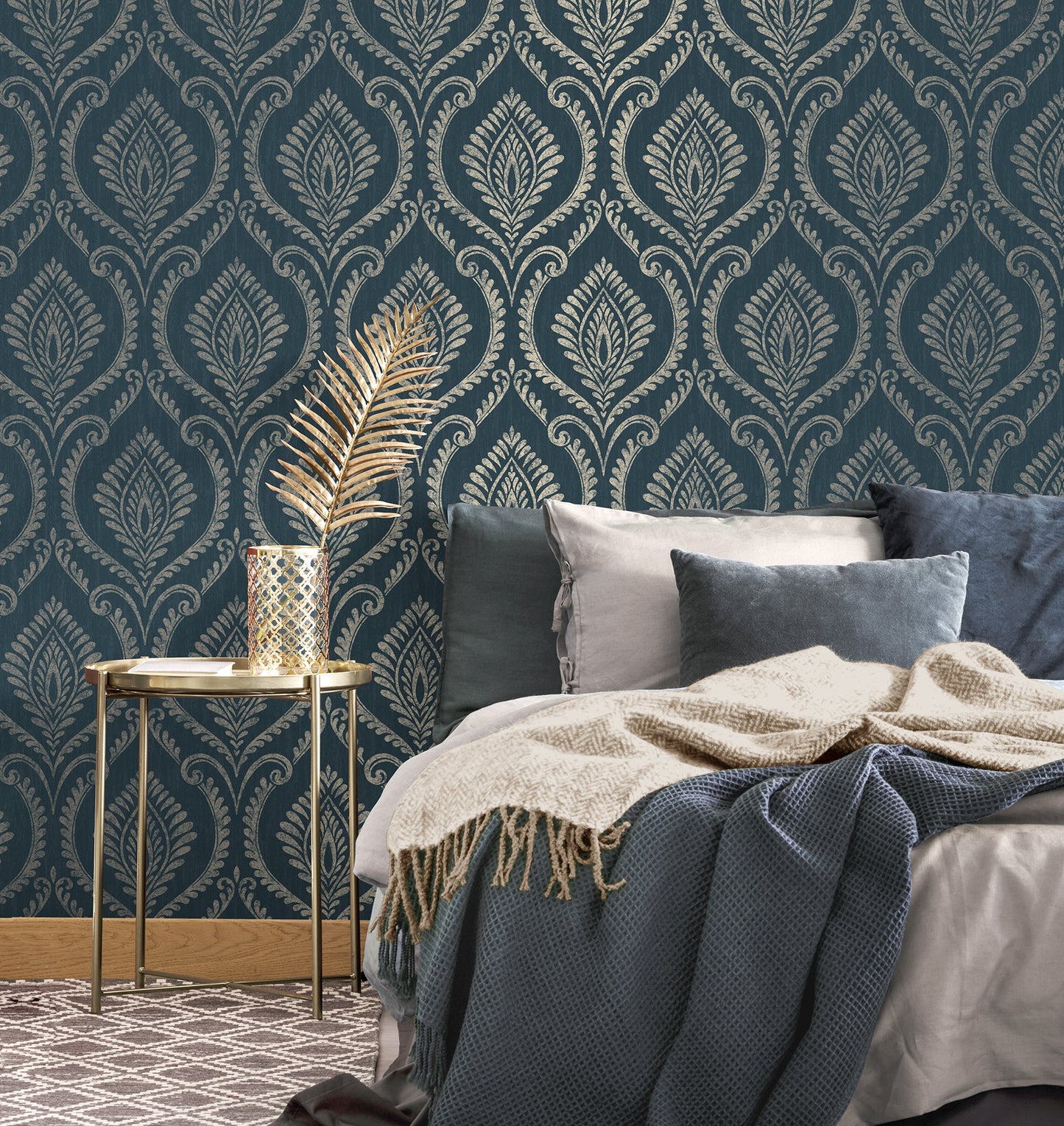 Fine Decor Estelle Navy Damask Wallpaper, 20.5-in by 33-ft