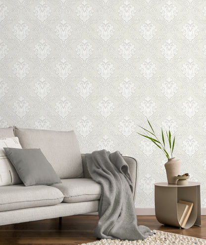 Fine Decor Florentine White Damask Wallpaper, 20.9-in by 33-ft