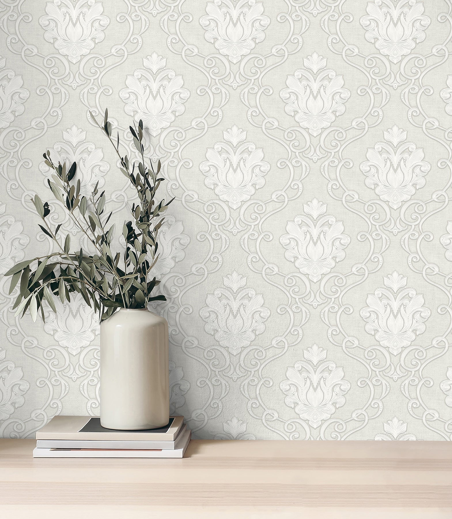 Fine Decor Florentine White Damask Wallpaper, 20.9-in by 33-ft