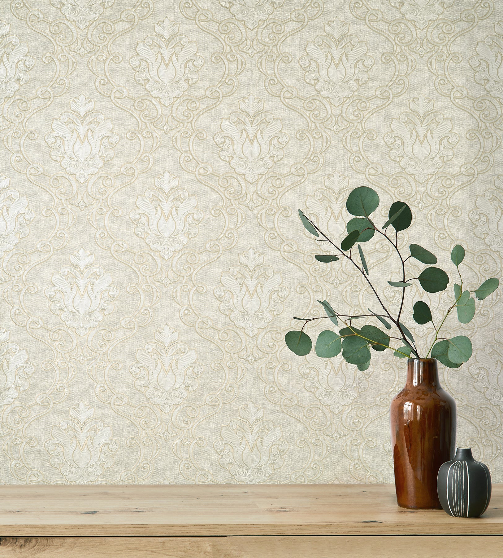 Fine Decor Florentine Neutral Damask Wallpaper, 20.9-in by 33-ft