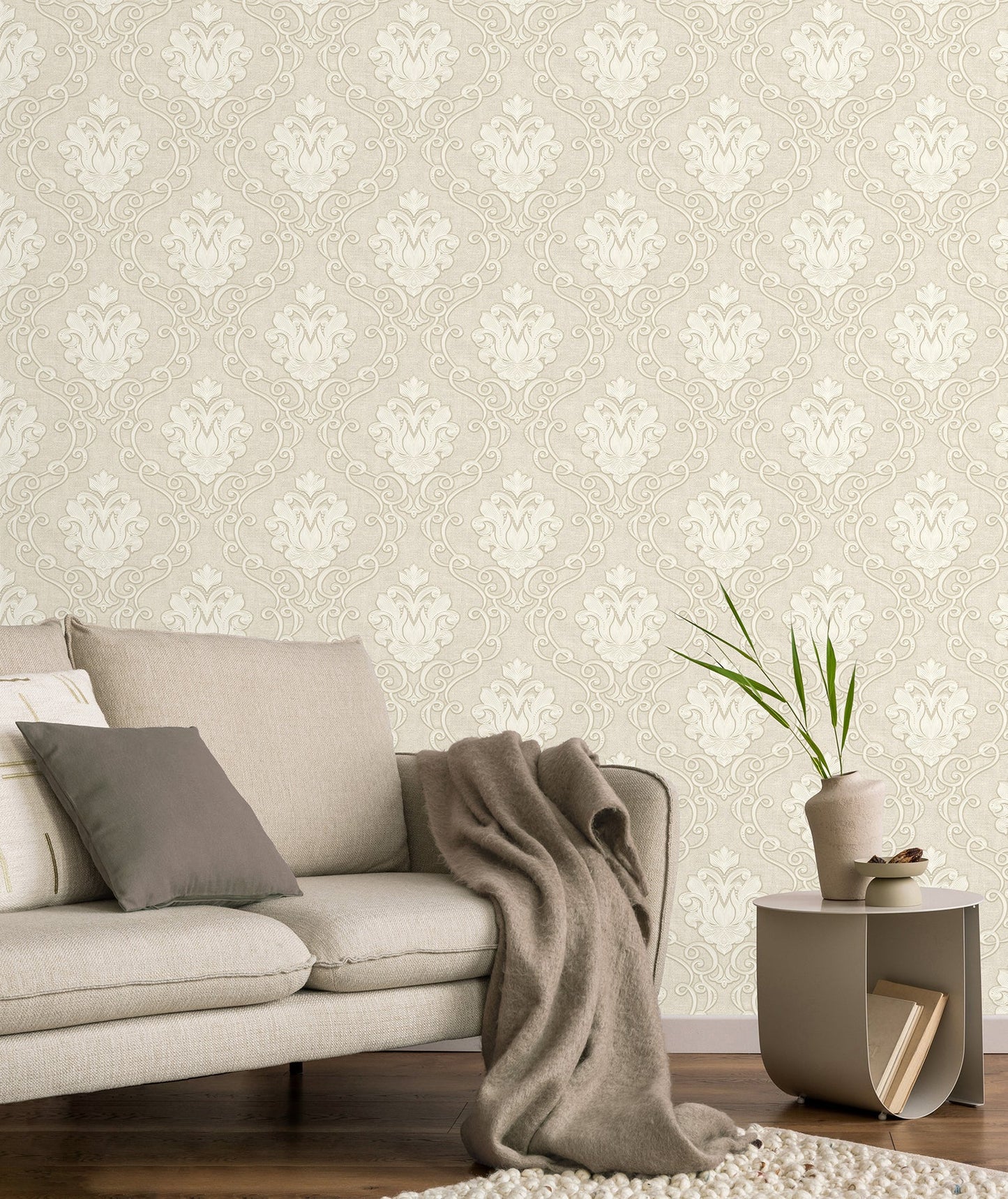 Fine Decor Florentine Neutral Damask Wallpaper, 20.9-in by 33-ft