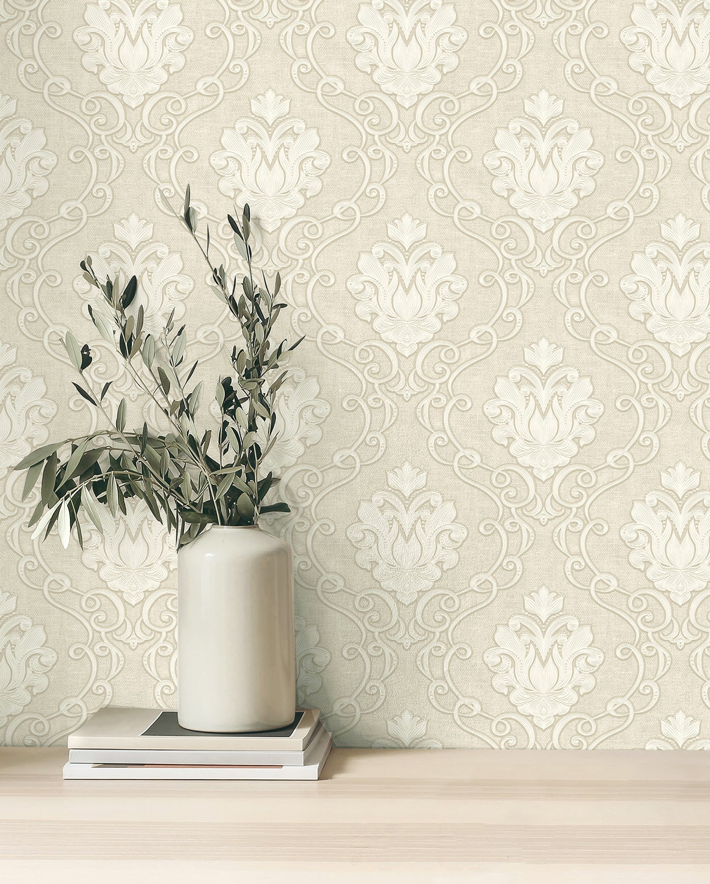 Fine Decor Florentine Neutral Damask Wallpaper, 20.9-in by 33-ft