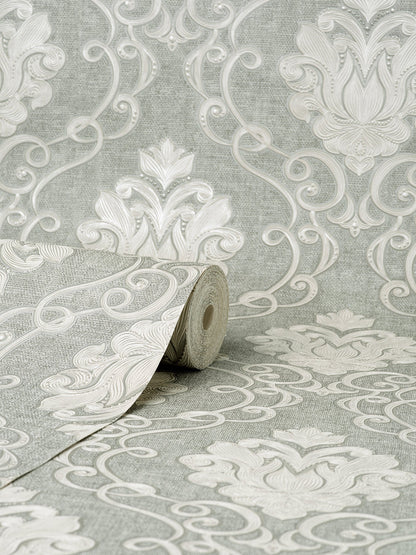 Fine Decor Florentine Grey Damask Wallpaper, 20.9-in by 33-ft