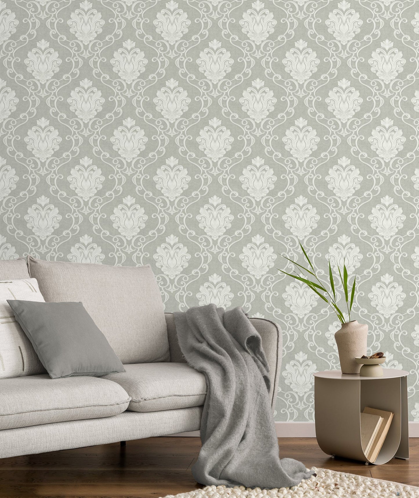 Fine Decor Florentine Grey Damask Wallpaper, 20.9-in by 33-ft