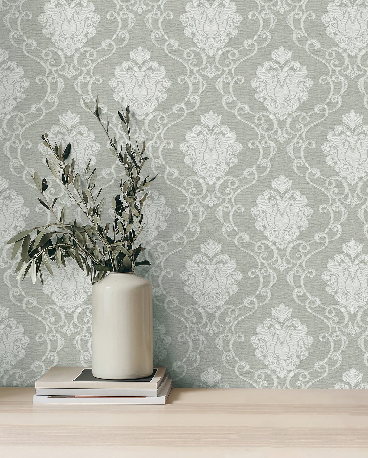 Fine Decor Florentine Grey Damask Wallpaper, 20.9-in by 33-ft