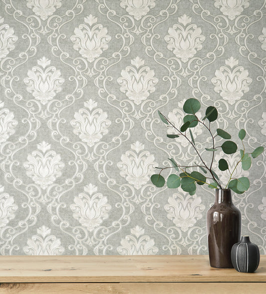 Fine Decor Florentine Grey Damask Wallpaper, 20.9-in by 33-ft