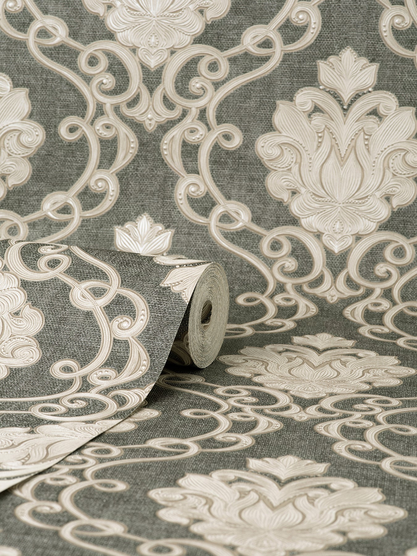 Fine Decor Florentine Charcoal Damask Wallpaper, 20.9-in by 33-ft