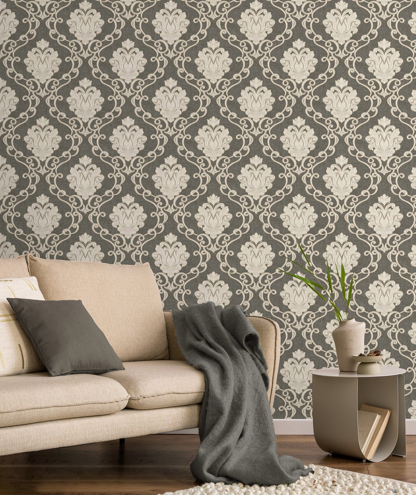 Fine Decor Florentine Charcoal Damask Wallpaper, 20.9-in by 33-ft